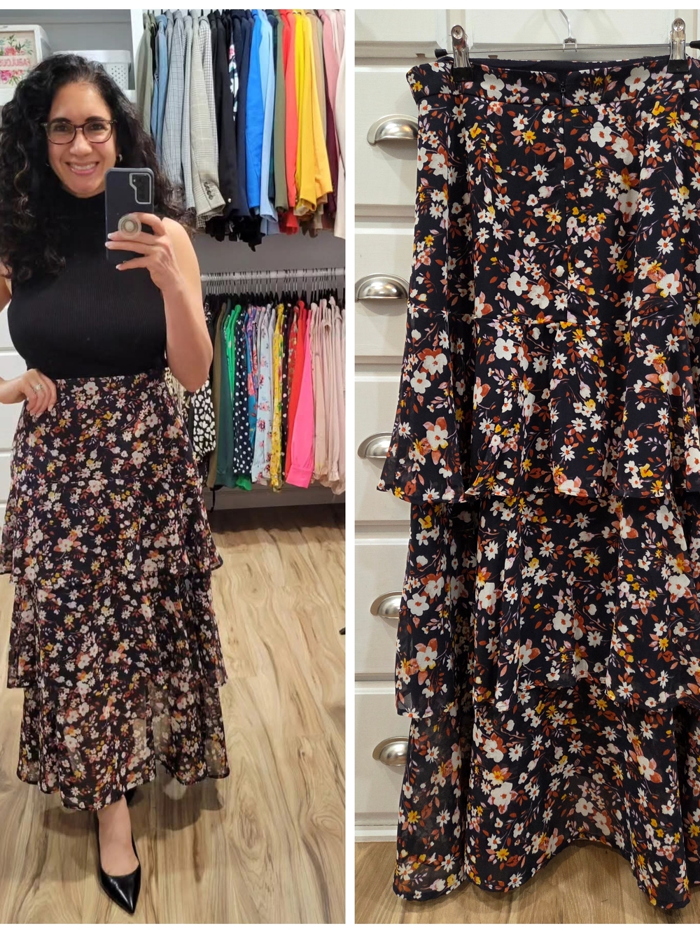 Ann Taylor Black Floral Tiered Maxi Skirt with White & Orange Blooms